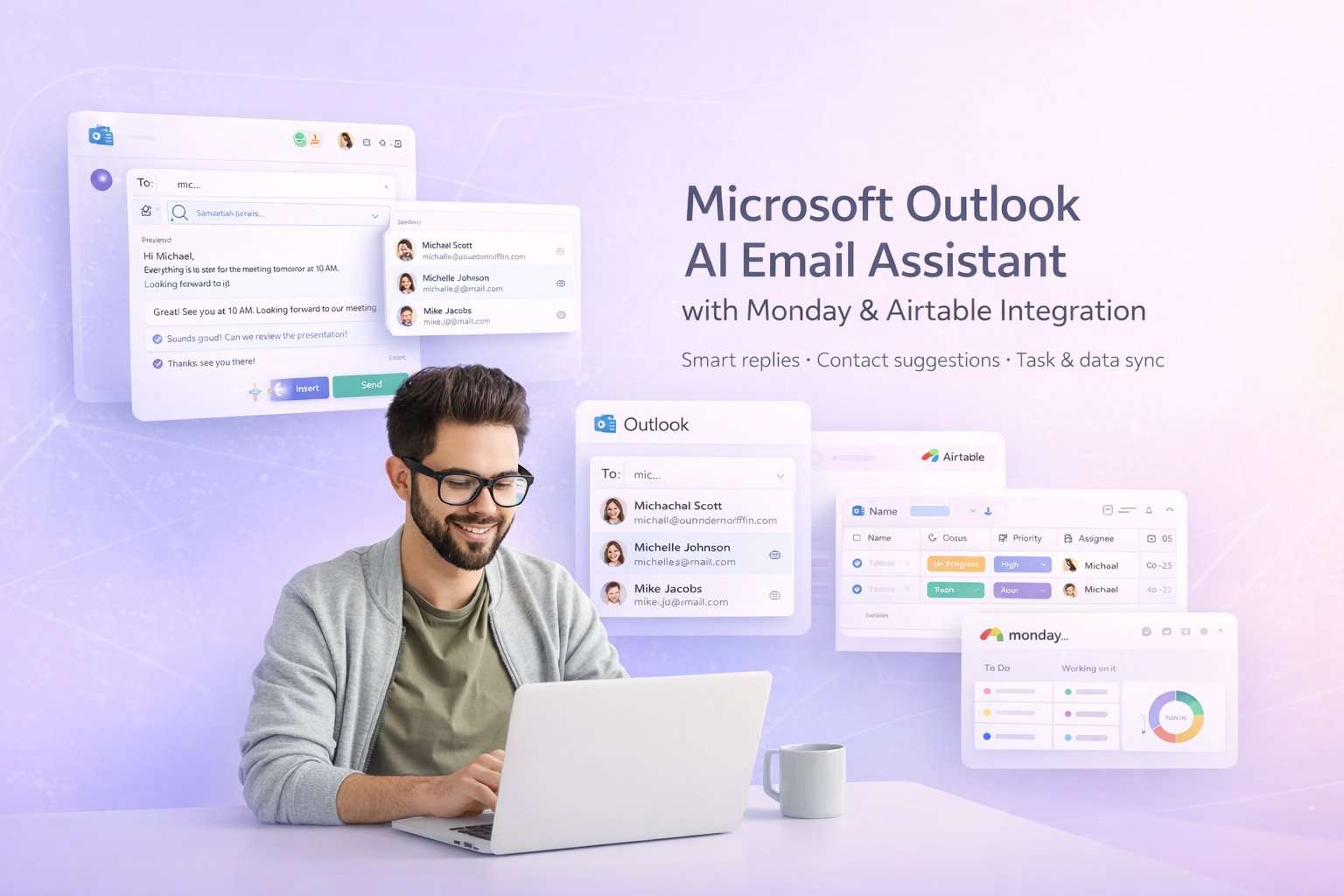 Microsoft Outlook AI Email Assistant with contact support from Monday and Airtable